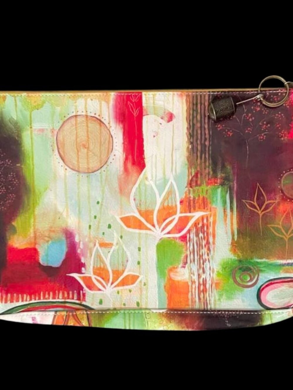 Rare Papaya Art Accessory Pouch Bohemian Abstract Floral Mixed Media Zipper Bag - Picture 3 of 10
